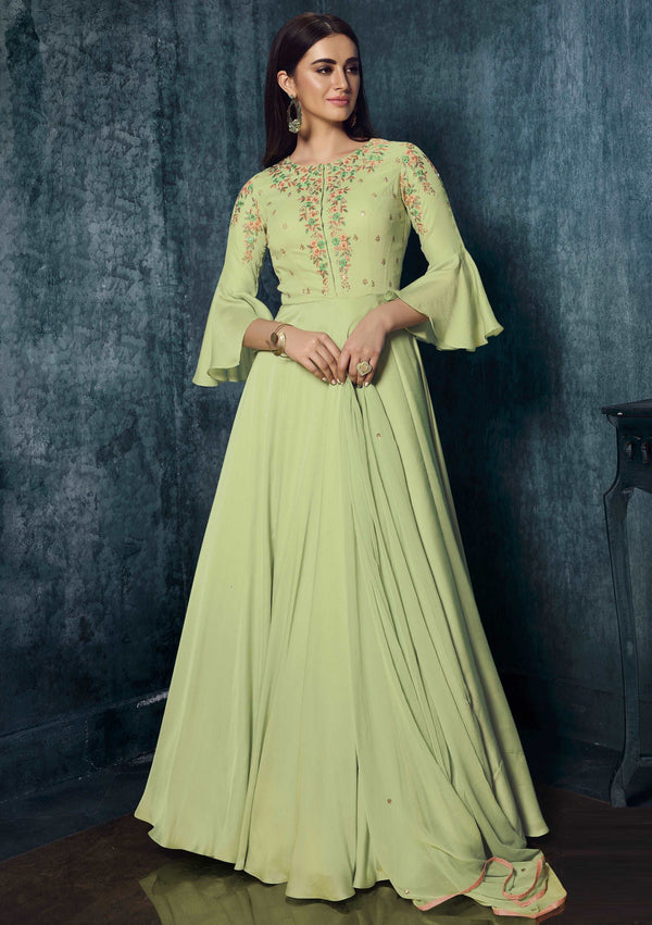 Pista Green Modal Satin Gown with Dupatta with Zari Work